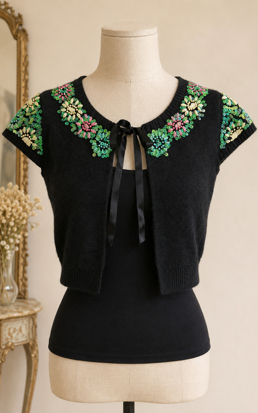 Vintage New York & Company Y2K Floral Sequin Tie Front Bolero Cardigan XS